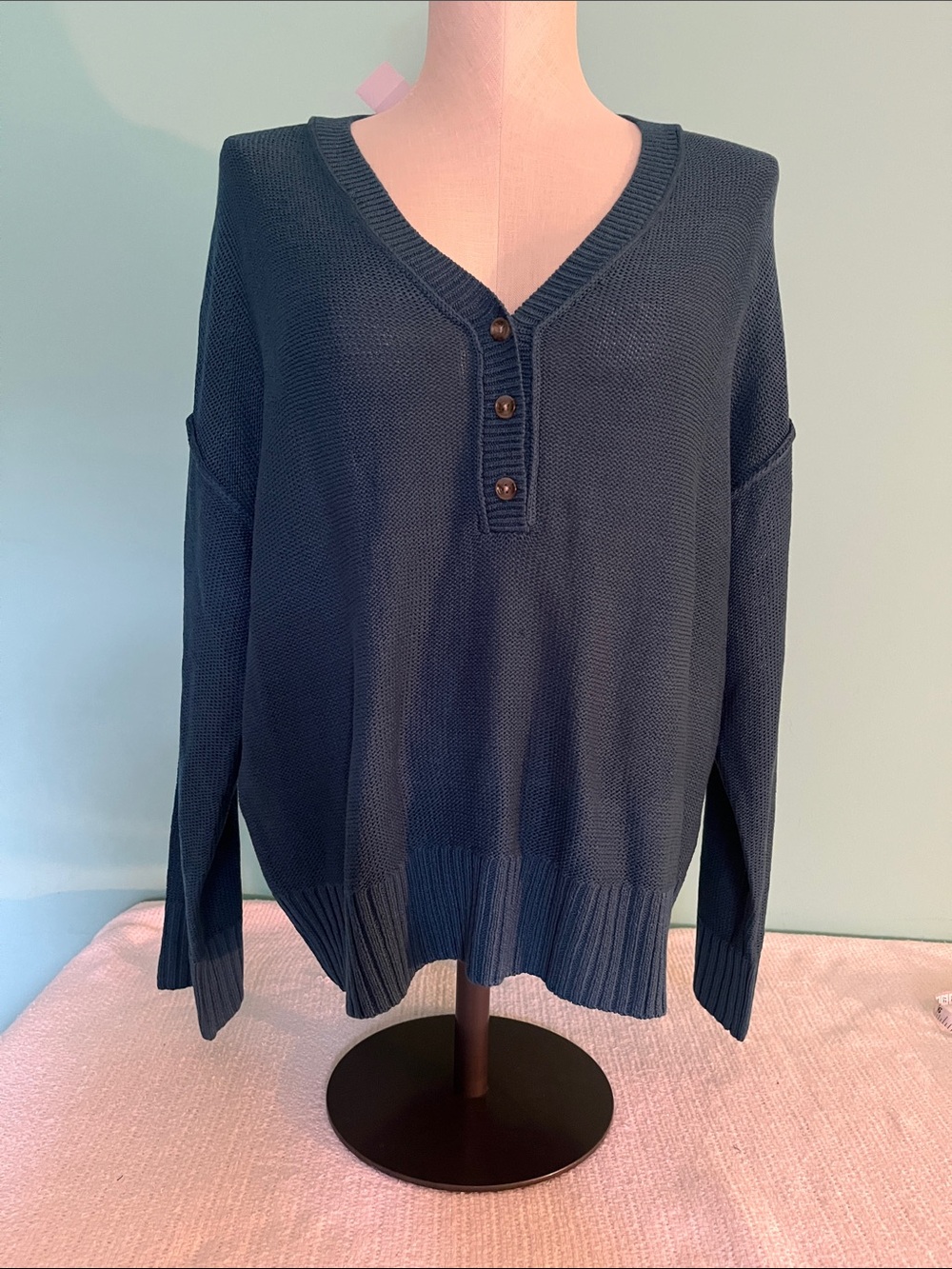 Women’s Blue V-Neck Button Knit Sweater